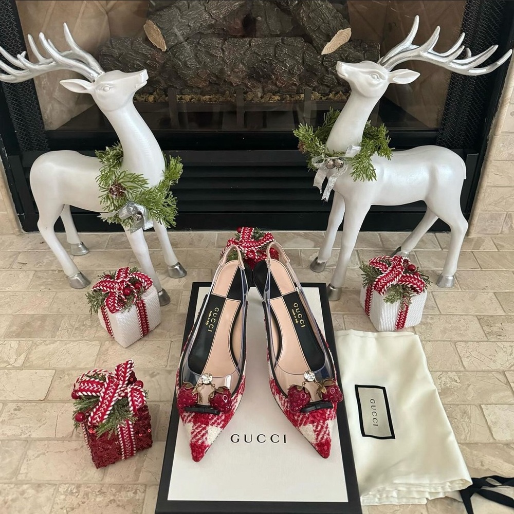 Gucci Tweed Slingback Heels with Leather and PVC Trim